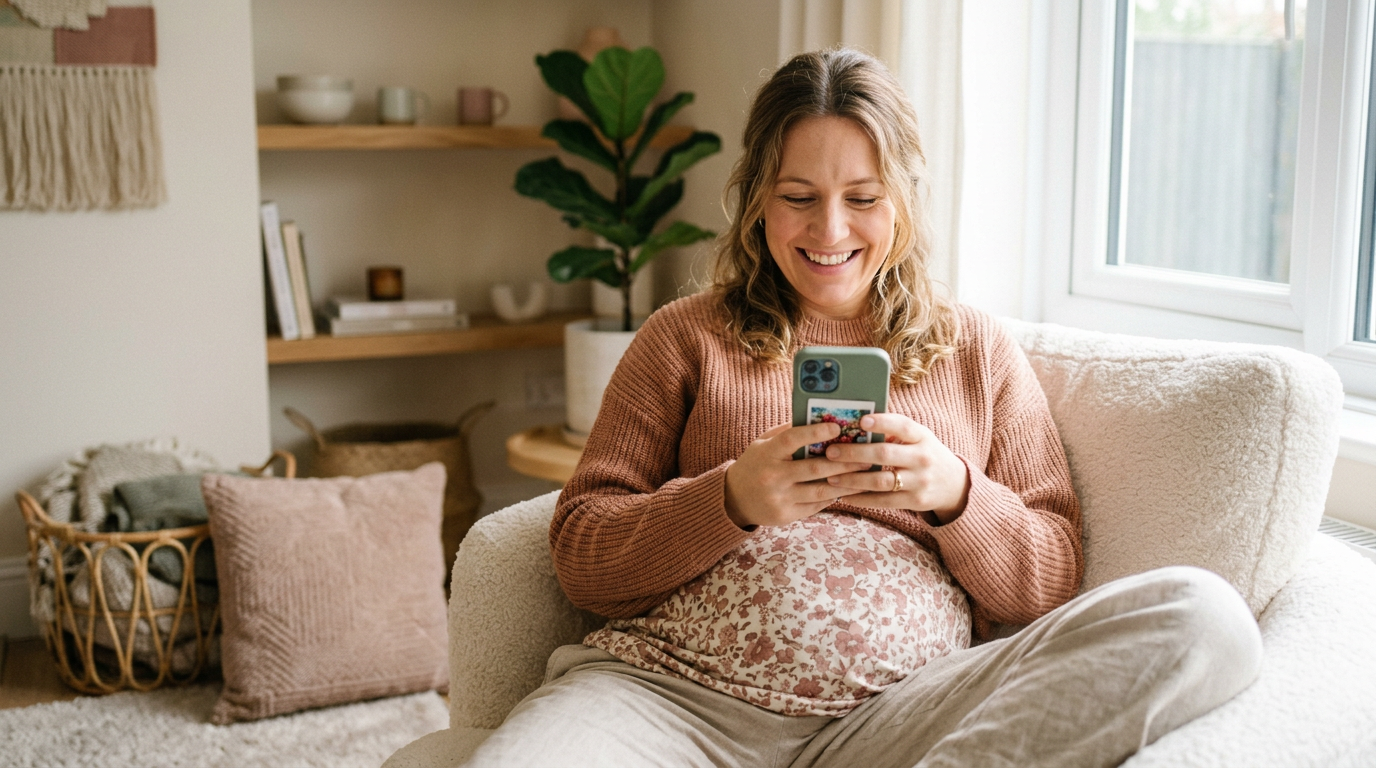 Pregnant woman sitting in a cozy chair smiling and looking at her phone