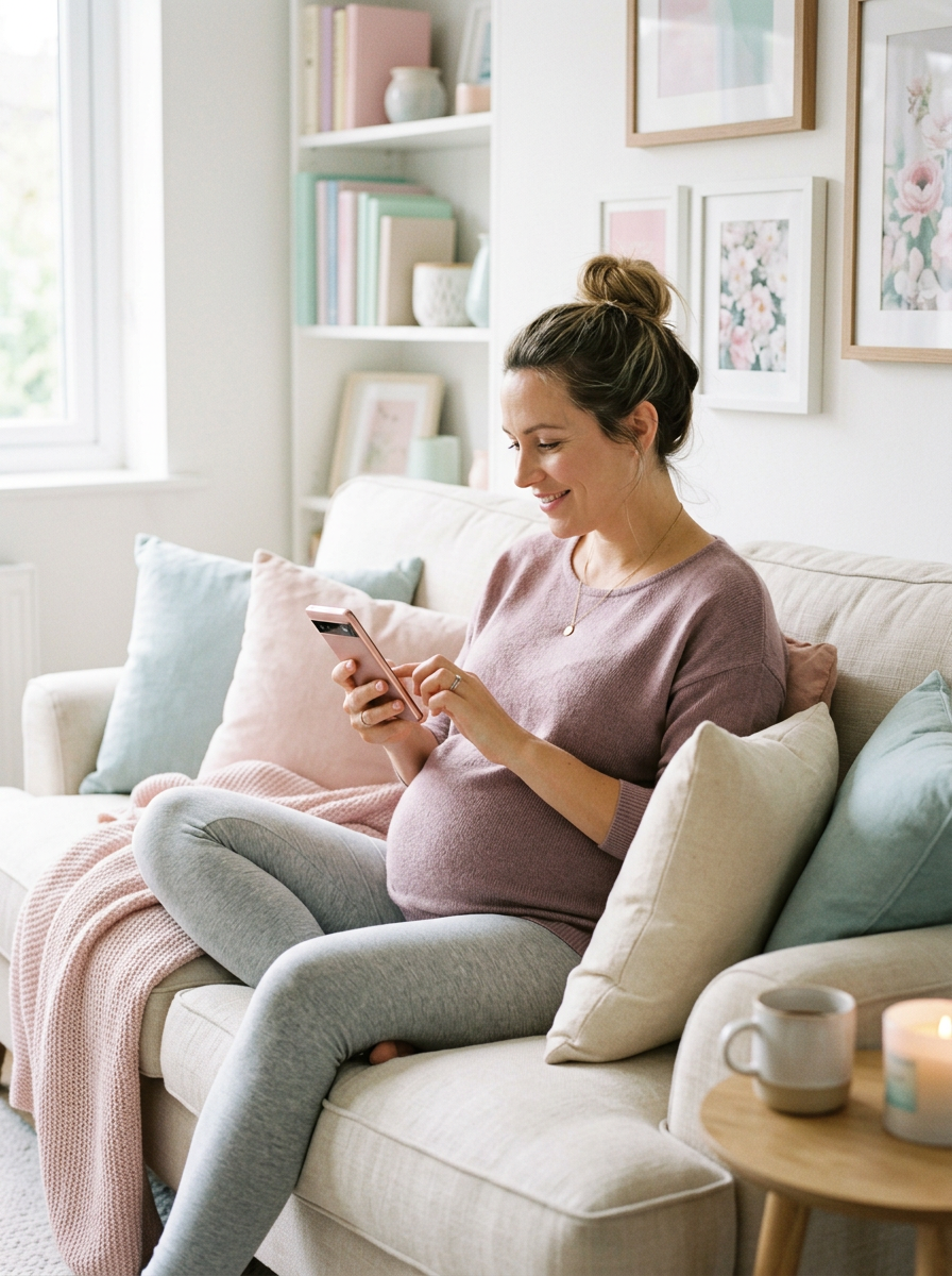 Pregnant woman sitting on a couch smiling while using a smartphone