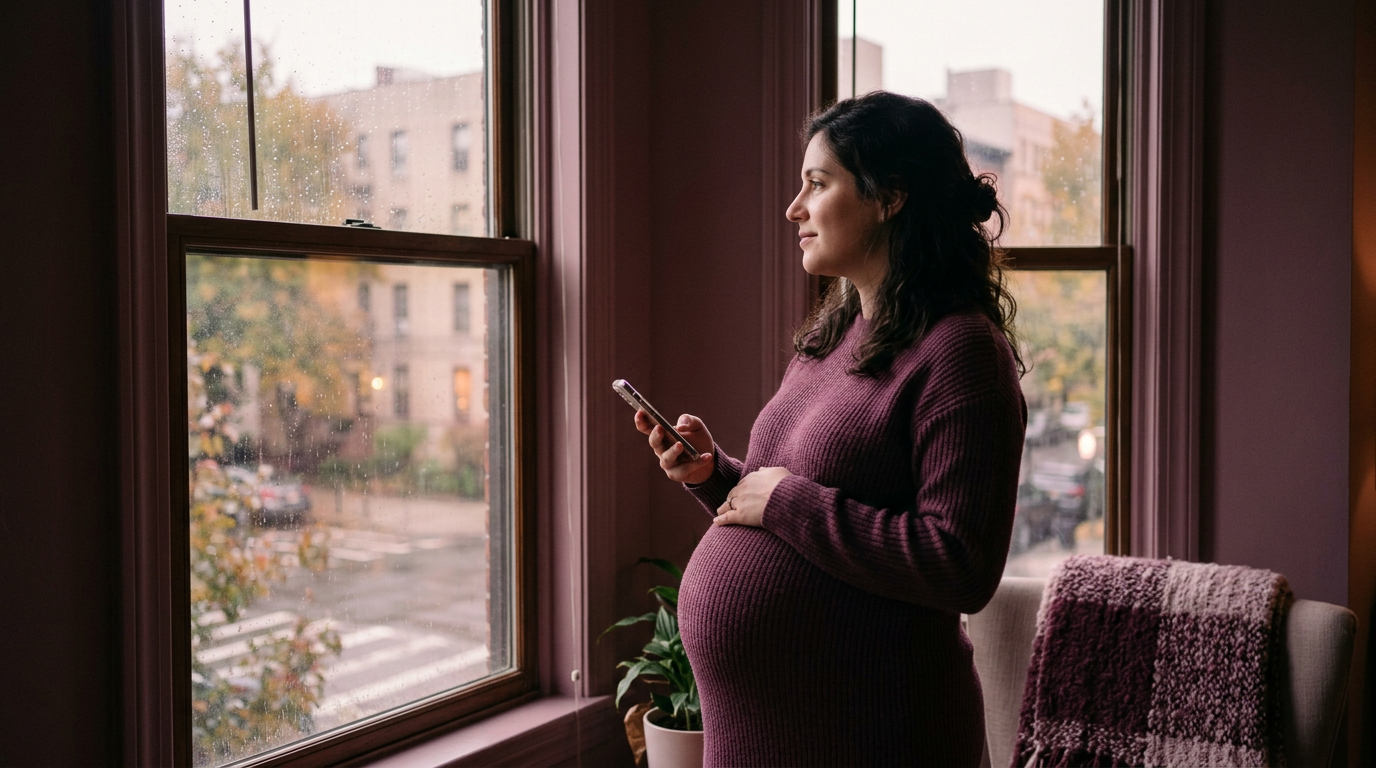 Pregnant woman in purple sweater holding phone and looking out window