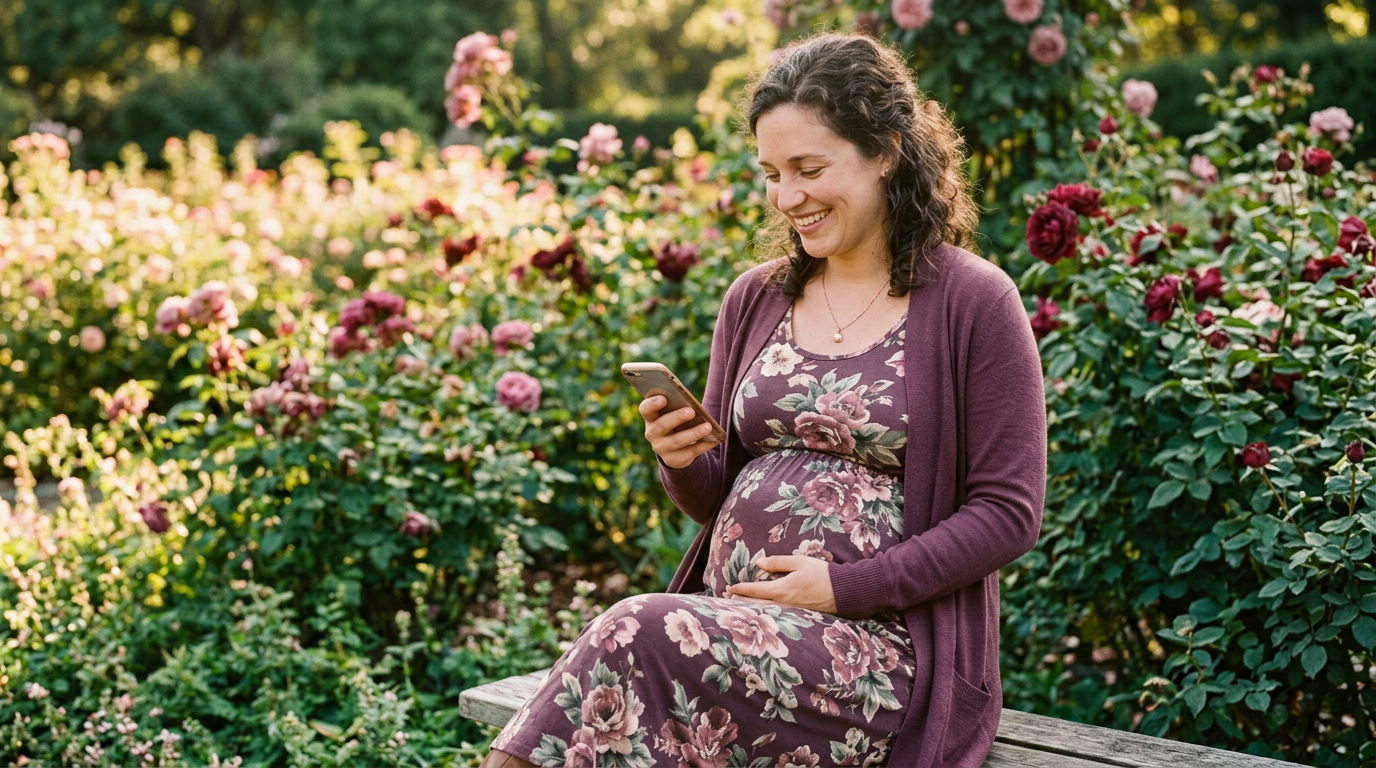 Pregnant woman sitting on bench in garden looking at phone